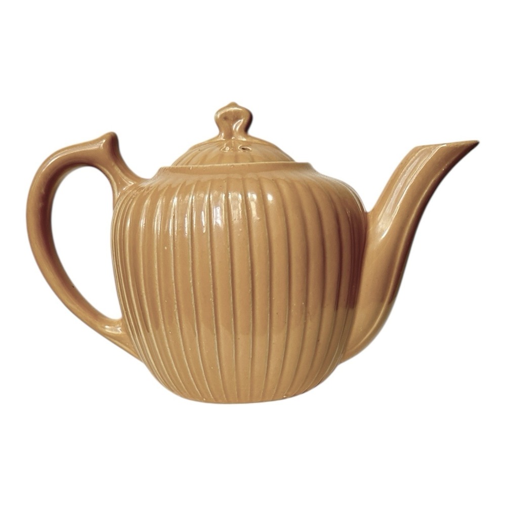 Vintage FRAUNFELTER Ohio Ceramic Teapot Ribbed Peach 20 oz Model 324 Mid Century - Picture 2 of 8